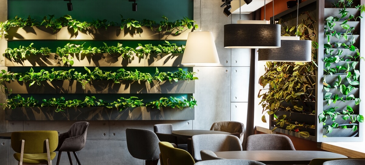 Optimized floral interior in modern cafe with plants